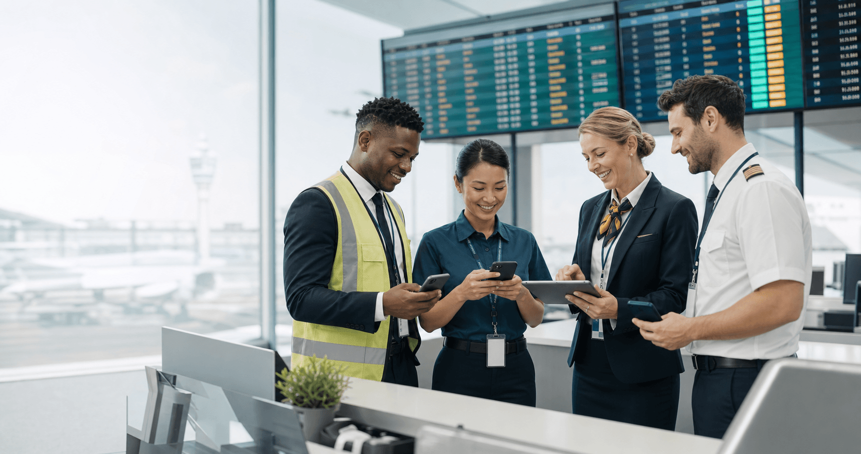 Airport employees coordinating shift coverage at an operations desk